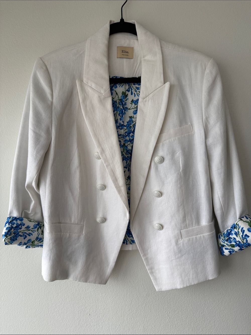 Ellie White Double-Breasted Linen Blend Blazer with Blue Floral Lining